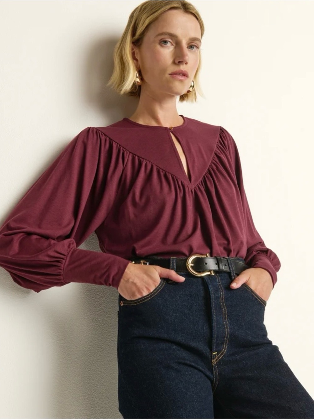 Nation LTD Burgundy Keyhole V-Neck Puff Sleeve Blouse